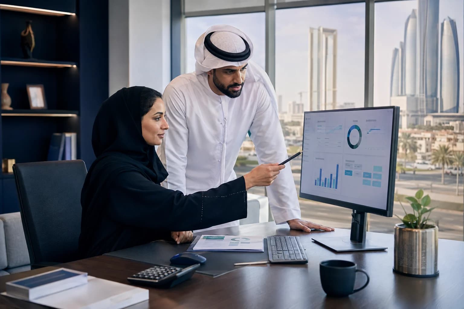Finance professionals using accounting software in an Abu Dhabi office